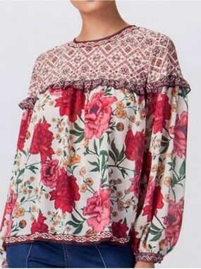 Flying Tomato Cream Blouse with Red & Pink Floral Print